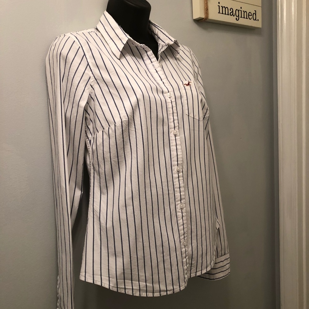 Hollister White Navy Striped Long Sleeved Shirt - Picture 2 of 7